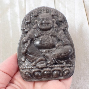 Silver Obsidian Crystal Happy Buddha - Super Flashy Silver Obsidian - 3.5 Inch Smooth Flat Happy Buddha - Natural Crystal Buddha #RELGS#1018