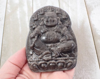 Silver Obsidian Crystal Happy Buddha - Super Flashy Silver Obsidian - 3.5 Inch Smooth Flat Happy Buddha - Natural Crystal Buddha #RELGS#1018