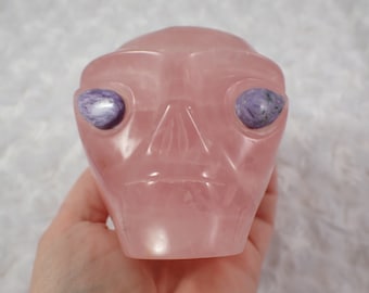 Super Pink Rose Quartz Crystal Alien Skull - Purple Charoite Eyes - 3.75 Inch Large Alien Skull - Pink Rose Quartz Crystal Skull #SKULL#1017