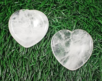 1 Piece Clear Quartz Heart Shaped Worry Stone Crystal - Small Smooth Polished - Partially Translucent - 40x40x5mm Heart Stone #WORRY#1005