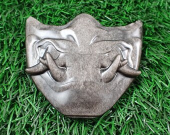 Creepy Wild Boar Half Face Mask - 3 Inch Crystal Carving - Flashy Nice Mask Crystal - Black Silver Scary Pig Face Mask Carving #CRVNG#1870
