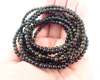 One Golden Obsidian Crystal Bead Bracelet - 4mm Smooth Round Beads - Shiny Gold Obsidian Crystal Bracelet - Stacking Bracelet #BRCLT#1171
