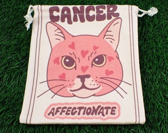 1 Piece Cancer Cat Linen Fabric Crystal Pouch - Pink Brown White - Cancer Zodiac Tarot Card Bag - 6.5x5.75 Inches Pink Cat Bag #POUCH#1035