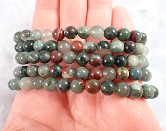 African Bloodstone Crystal Bracelet - 6mm Round Smooth Beads - Red Gray White - Natural African Bloodstone Healing Crystals #BRCLT#1212
