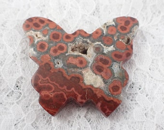 Pretty Ocean Jasper Butterfly Crystal Carving - Druzy Agate Sugar Texture - 2.25 Inch Red White Gray - Natural OJ Butterfly #ANMLS#1192