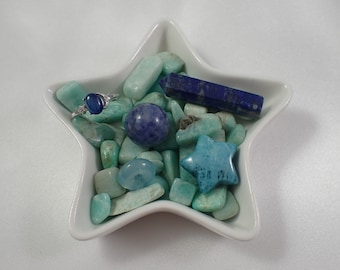 Throat Chakra Crystal Bowl - Aquamarine Amazonite Lapis Lazuli - Kyanite Sodalite Blue Apatite - Glass Star Bowl Sphere Mini Point #THROAT-1
