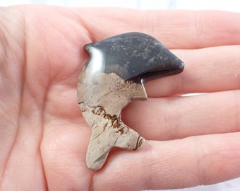 Natural Fossilized Palm Root Crystal Dolphin - Black Beige Brown Smooth Crystal - 1.75 Inch Flat Back Crystal Dolphin Carving #CBCHN#1114