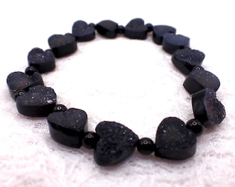 Natural Black Agate Druzy Heart Crystal Bracelet - Black Natural Crystals - Small Dark Hearts Crystal Beaded Bracelet #BRCLT#1227