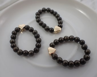 1 Piece Pyrite Beaded Natural Crystal Heart Ring - Gold Heart Small Round Beads - Elastic Pyrite Beaded Gold Heart Stretch Ring #RINGS#1052