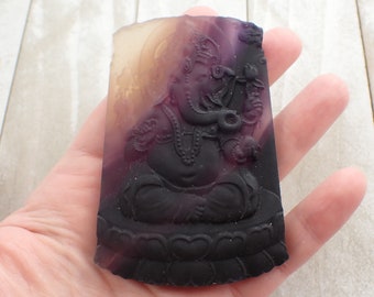 Amazing Deep Purple Ganesh Elephant Gold - Natural Fluorite Crystal Carving - Purple Clear Banding - Rainbow Fluorite Crystal #RELGS#1004