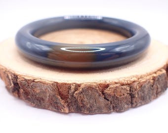 59.4mm Dark Gray Agate Crystal Bangle Bracelet - Bold Smooth Crystal Bracelet - Round Inside Natural Agate Bangle - Dark Gray #JEWEL#1725