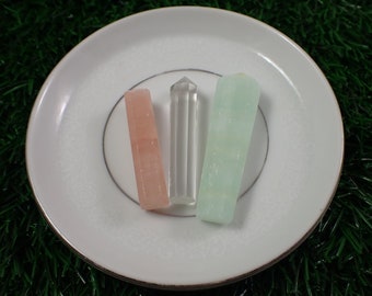 3 Pcs Mini Crystal Points - Clear Quartz Pistachio Calcite Rose Calcite - Standing Mini Towers - Faceted Smooth Crystal Points #POINT#1039