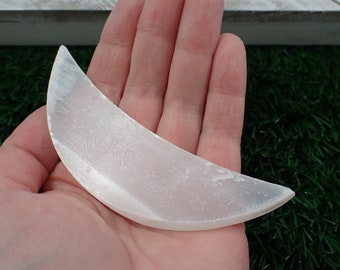 Printed Moon Stars Selenite Crystal Carving - Thick Smooth Crystal Moon - White Moon Stars Print - 4 Inch White Selenite Moon #MOONS#1017
