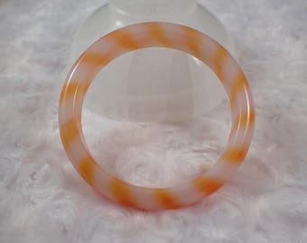 60.6mm Bright Orange White Agate Crystal Bangle Bracelet - Orange Banded Crystal Bracelet - Flat Inside Smooth Agate Bangle #JEWEL#1388
