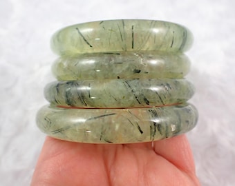61.6mm Natural Green Prehnite Bangle Bracelet - Green Black Natural Crystal Cuff - Prehnite Crystal Bangle Bracelet Inclusions #JEWEL#1554