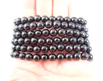 One Black Shungite Crystal Bead Bracelet - 6mm Smooth Shiny Round Beads - Natural Shungite Black Beaded Crystal Bracelet - #BRCLT#1159