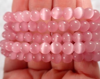 Pretty Pink Cats Eye Crystal Beaded Bracelet - 6mm Smooth Round Beads - Pink Cats Eye Crystal Beads - Shiny Crystal Bracelet #BRCLT#1206