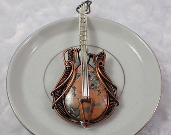 Gorgeous Wire Wrapped Maligano Jasper Crystal Cab Guitar - Orange Gray Teardrop - Silver Copper Wire Wrapped Pendant - 4 Inch #PNDNT#1103