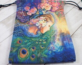 1 Piece Bright Fabric Crystal Pouch - Peacock Woman Flowers Colorful Blue Pink Green - Tarot Card Bag - 7x5 Inches Double Sided #POUCH#1008