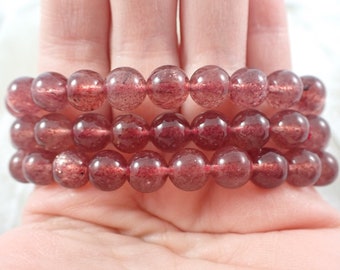 Sparkly Pink Strawberry Quartz Beaded Bracelet - 8mm Smooth Round Beads - Sparkly Pink Natural Strawberry Quartz Crystal Beads #BRCLT#1144