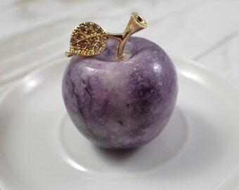 1 Piece Natural Lepidolite Apple Crystal Carving - 42x34mm Round Smooth Polished - Purple White Gold Leaf Rhinestone Lepidolite #CRVNG#1382