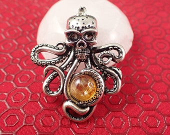Beautiful Citrine Octopus Skull Pendant - Round Crystal Cab Pendant - 2 Inch Angry Skull Octopus Pendant - Silver Citrine Pendant PNDNT#1096