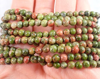 Natural Unakite Crystal Beaded Bracelet - Smooth Round Tiny Beads - 4mm Green Pink Unakite Crystal Bracelet - Stackable Crystals #BRCLT#1210