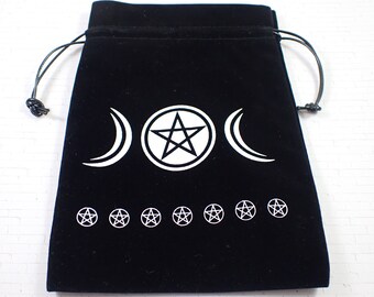 1 Piece Black Fabric Crystal Pouch - Triple Moon Pentagram - Black Velvety Pentagram Moon Tarot Card Bag - 7x5 Inch Single Sided #POUCH#1025