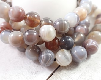 One Botswana Agate Crystal Bracelet - 8mm Round Beads - Gray Pink White Brown - Natural Botswana Agate Bead Bracelet - #BRCLT#1001