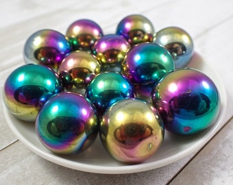 2 Pieces Dark Aura Quartz Round Spheres - Shiny Polished Round Ball - .75 Inch Spheres - Dark Rainbow Metallic Aura Quartz Finish SPHER#1043