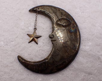 Large Pyrite Moon Star Crystal - Dangling Star Gold Sparkly Pyrite - Large Crystal Moon Carving - 4 Inches - Natural Pyrite #MOONS#1041