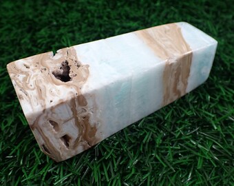 Natural Blue Aragonite Crystal Tower - Textured Smooth Faceted Aqua Blue Beige - 4.25 Inch Blue Aragonite Square Textured Tower #TOWER#1019