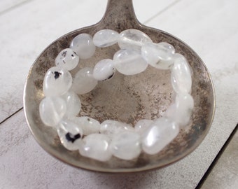 One Rainbow Moonstone Crystal Bracelet - 8mm Smooth Rounded Nugget Beads - White Black Tourmaline Blue Flash - Bead Bracelet - #BRCLT#1005
