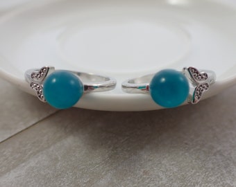 1 Piece Adjustable Amazonite Crystal Ring - Silver Band Butterfly Ring - Mini Sphere Natural Amazonite Crystal Butterfly Ring #RINGS#1035