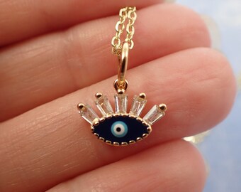 1 Evil Eye Pendant Necklace Crystal Quartz Eyelashes - Blue Enamel Evil Eye - Gold 16 Inch Chain - Dainty Blue Evil Eye Necklace #JEWEL#1015