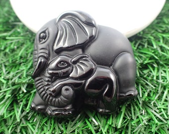 Double Elephant Black Obsidian Crystal Pendant - 1.75 Inch Mom Baby Elephant Pendant - Large Black Obsidian Crystal Carving #PNDNT#1052