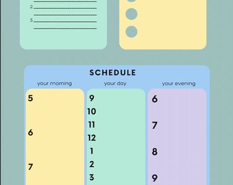 May include: A daily planner with a light blue background. The planner has sections for "Top 3 To Dos", "Remember This", and a schedule for the day. The schedule is divided into three columns: "Your Morning", "Your Day", and "Your Evening".