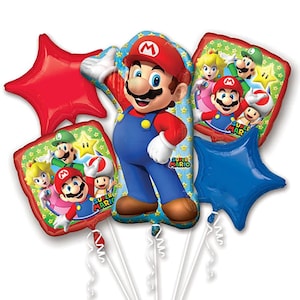 Super Mario Balloon Bouquet, 5pc - Anagram Licensed | MARIO BROS Balloons | Super Mario birthday | Mario Bros | Mario and Luigi