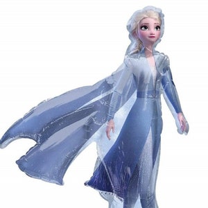May include: A large, blue and white inflatable balloon of Elsa from the movie Frozen. Elsa is wearing a blue dress and a white cape. She is standing on a purple and white inflatable base with a floral pattern. The balloon is made by Anagram.