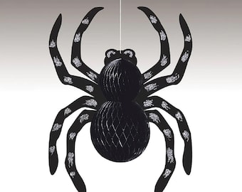 May include: Black spider hanging decoration with a honeycomb texture and silver glitter accents.