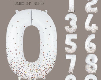 May include: White jumbo number balloons with confetti print. The balloons are 34 inches tall. The numbers 0 through 9 are shown.