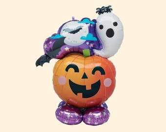 May include: A 53-inch tall Halloween balloon set featuring a smiling pumpkin with purple star-shaped feet and a ghost wearing a witch hat.