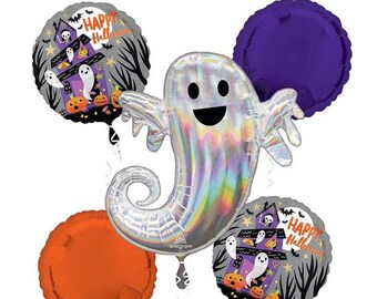 May include: A set of five Halloween-themed foil balloons. The balloons feature a ghost, a house with ghosts, and two solid color balloons in orange and purple. The balloons have the text "Happy Halloween" printed on them.