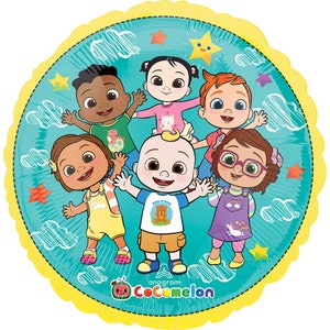 May include: A round, blue and yellow balloon with a picture of the characters from the Cocomelon show. The characters are smiling and waving. The balloon has the words "Cocomelon" and "Peek a Boo!" printed on it.