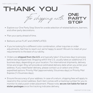 May include: A white card with the text "THANK YOU" in large, dark gray letters, and "for shopping with" in cursive. The One Party Stop logo is in the upper right corner. The card lists information about the store and its products.