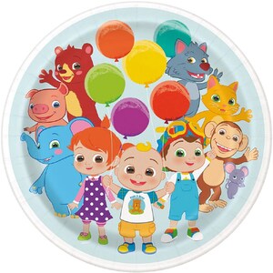 May include: A colorful paper plate featuring characters from the children's show "Peek-a-Boo!" The plate features a blue elephant, a red-haired girl, a baby with a white shirt that says "Peek-a-Boo!" and a blue jumpsuit, a monkey, a cat, a bear, and a pig. There are also colorful balloons on the plate.