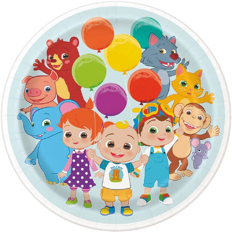 May include: A colorful paper plate featuring characters from the children's show "Peek-a-Boo!" The plate features a blue elephant, a red-haired girl, a baby with a white shirt that says "Peek-a-Boo!" and a blue jumpsuit, a monkey, a cat, a bear, and a pig. There are also colorful balloons on the plate.