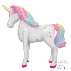 May include: A white unicorn-shaped balloon with a rainbow mane and tail, adorned with star accents. The balloon is 46 inches tall and has pink hooves. The text "Enchanted Unicorn Airwalker" is printed on the bottom right.