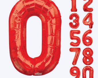 May include: A collection of large, shiny red foil balloons shaped as the numbers zero through nine. Each balloon features a metallic finish and a distinct, rounded numeral design. The text "34 INCH Red Numbers" is printed at the bottom.
