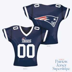 May include: A navy blue 24-inch Patriots jersey supershape balloon. The front of the jersey has the team logo, the word "Patriots", and the number "00" in white. The back of the jersey also has the team logo. White stripes accent the shoulders.